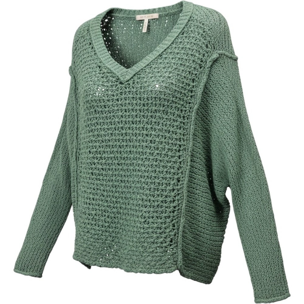 Free People Green V-Neck Open Knit Oversized Sweater Cotton Rayon Med Lagenlook